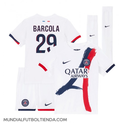 Camiseta Paris Saint-Germain Bradley Barcola #29 Segunda Equipación Replica 2024-25 para niños mangas cortas (+ Pantalones cortos)